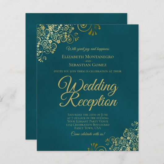 Dark Teal & Gold Wedding Reception BUDGET Invite (Voorkant / Achterkant)