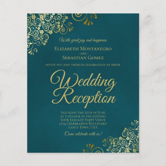 Dark Teal & Gold Wedding Reception BUDGET Invite (Voorkant)