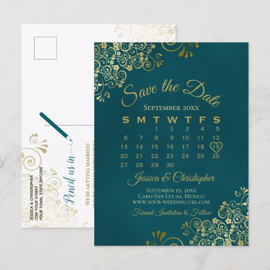 Dark Teal & Gold Wedding Save the Date Calendar Aankondigingskaart (Voorkant / Achterkant)