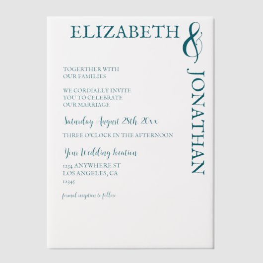 Dark Teal Modern Typography Wedding Vellum Uitnodigingen (Voorkant)