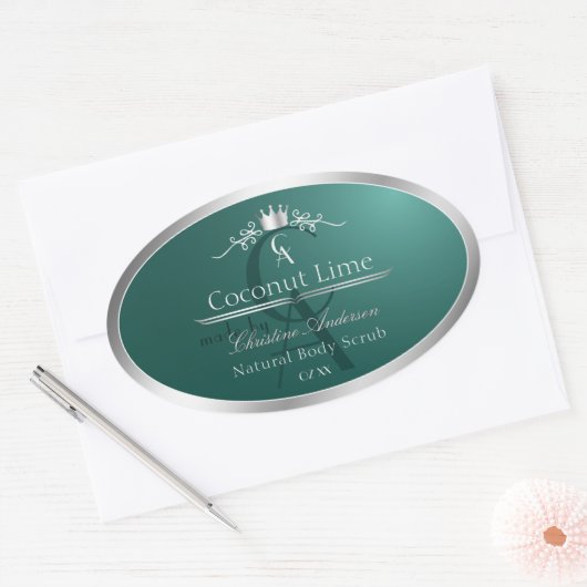 Dark Teal Product Label with Silver Frame Monogram (Envelop)