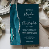 Dark Teal Silver Agate Script Wedding Folie Uitnodiging