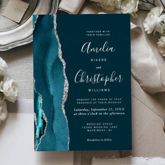 Dark Teal Silver Agate Script Wedding Folie Uitnodiging