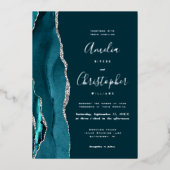 Dark Teal Silver Agate Script Wedding Folie Uitnodiging (Voorkant)