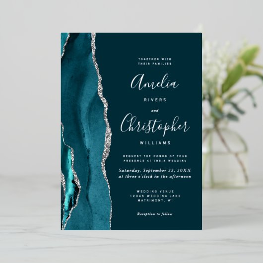 Dark Teal Silver Agate Script Wedding Folie Uitnodiging (Staand Voorkant)