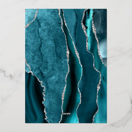 Dark Teal Silver Agate Script Wedding Folie Uitnodiging (Achterkant)