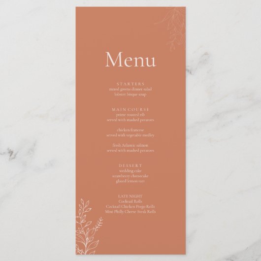 Dark Terracotta Botanical Wedding Menu (Voorkant)