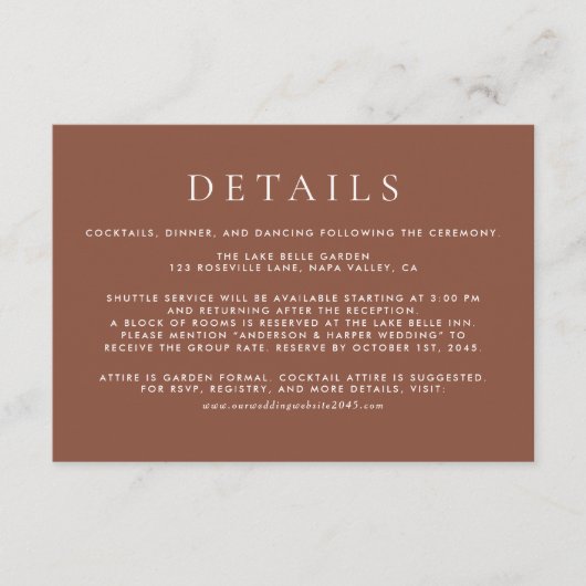 Dark Terracotta Classic Typografie Wedding Details Informatiekaartje (Voorkant)