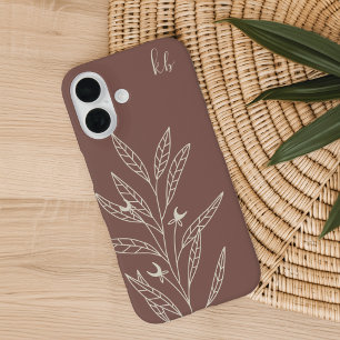 Dark Terracotta Mystic Boho Botanical Monogram iPhone 16 Hoesje