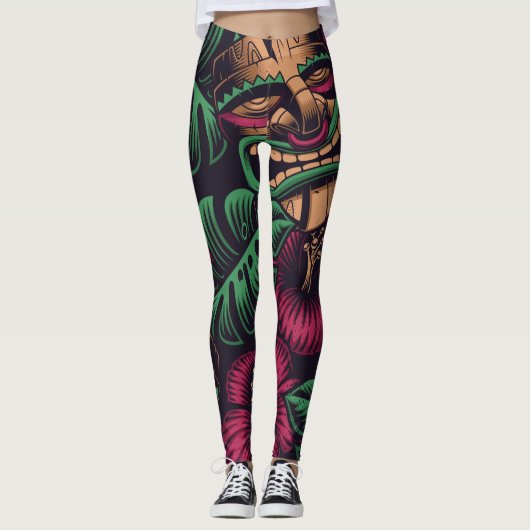 Dark tiki mask en hibiscus flower leggings (Voorkant)