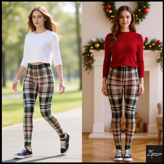 Dark Traditional Maroon Green Winter Plaid Leggings