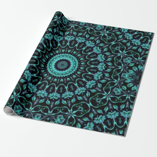 Dark Turquoise Floral Mandala Cadeaupapier (Uitgerold)