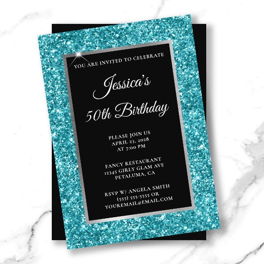 Dark Turquoise Glitter Black 50th Birthday Kaart