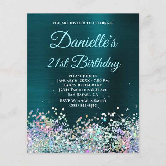 Dark Turquoise Holo Glitter 21st Birthday Flyer (Voorkant)