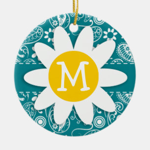 Dark Turquoise Paisley; Daisy Keramisch Ornament
