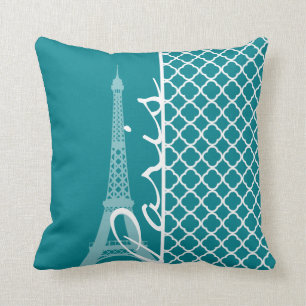 Dark Turquoise Quatrefoil; Eiffel Tower, Parijs Kussen