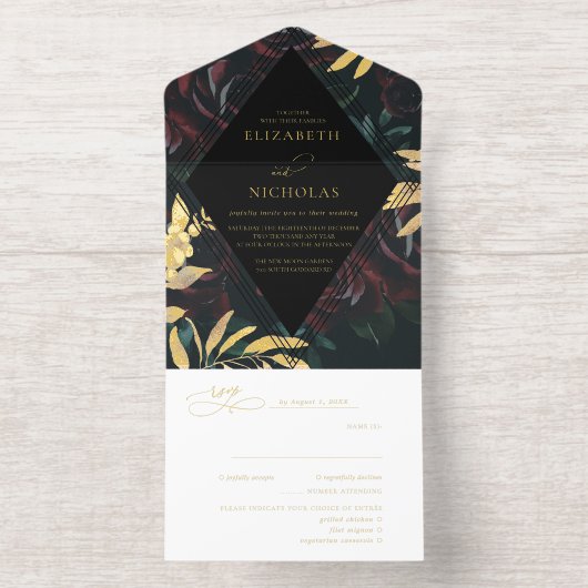 Dark Velvet Burgundy Roos | Herfst winterhuwelijk All In One Uitnodiging (Binnenkant)