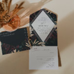 Dark Velvet Burgundy Roos | Herfst winterhuwelijk All In One Uitnodiging<br><div class="desc">Met prachtige moody florals met gouden accenten op een donkere zwarte achtergrond. Heel elegant en heel romantisch. Deze unieke kleurencombinatie spreekt over klassieke elegantie en koele winterdagen. Paars is een populaire trouwkleur die prachtig paren met zachte pastels, of donkere somberkleurige tinten. Deze lavish combo is zeker een winterfavoriete — donkere,...</div>