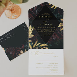 Dark Velvet Burgundy Roos | Herfst winterhuwelijk All In One Uitnodiging