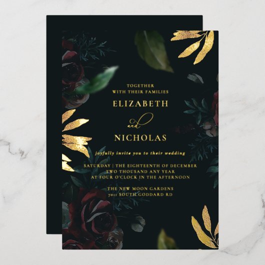 Dark Velvet Burgundy Roos | Herfst winterhuwelijk Folie Uitnodiging (Voorkant / Achterkant)