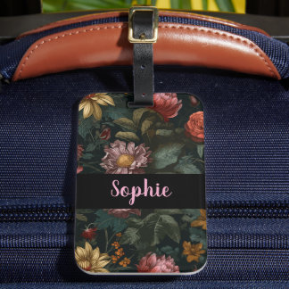 Dark Vintage Floral Custom Name Elegant Travel Bagagelabel