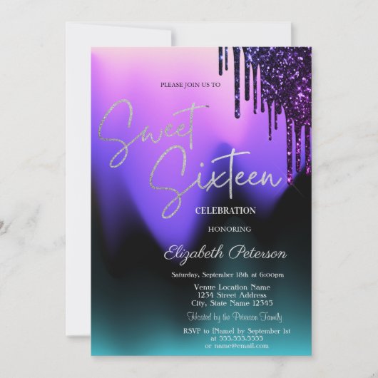 Dark Violet Glitter Drips,Ombre Sweet 16  Kaart (Voorkant)