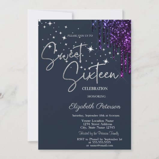 Dark Violet Glitter Drips, Stars Blue Sweet 16 Kaart (Voorkant)