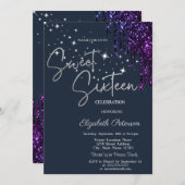 Dark Violet Glitter Drips, Stars Blue Sweet 16 Kaart (Voorkant / Achterkant)