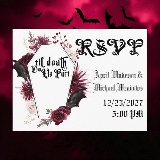 Dark Wedding Spider Web Coffin Gothic Wedding RSVP Uitnodiging Briefkaart