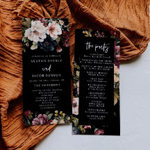Dark Wedding Stationery Floral bruiloft programma'