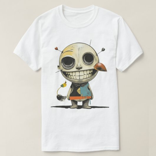 Dark Whimsy Grinning Doll – Surrealistische Horror T-shirt (Design voorkant)