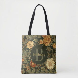  Dark William Morris Floral Monogram Tote Bag