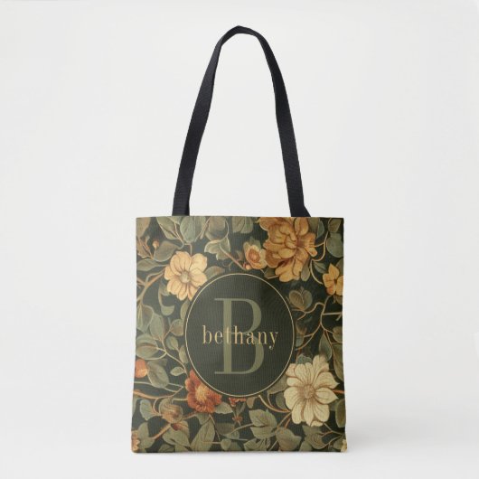  Dark William Morris Floral Monogram Tote Bag (Voorkant)