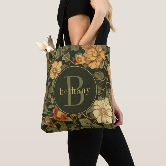  Dark William Morris Floral Monogram Tote Bag (Dichtbij)