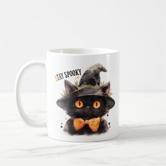 Dark Witch Cat met Stropdas van de boog Halloween Koffiemok (Links)