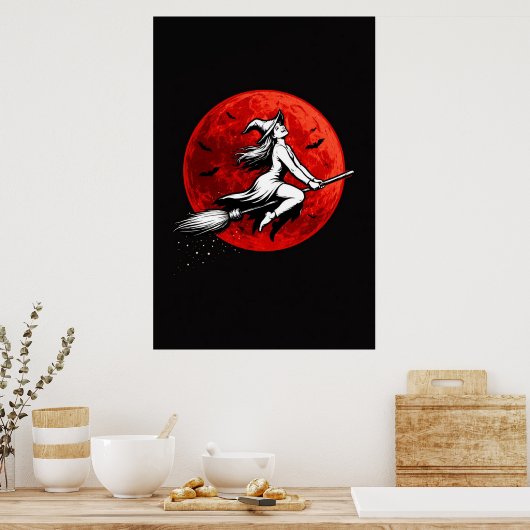 Dark Witch Flying Over Red Moon Poster (Keuken)