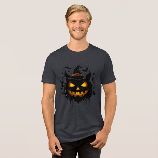 Dark Witch Pumpkin with Glowing Eyes Tri-Blend Shirt (Voorkant volledig)