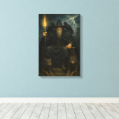 Dark Wizard met wolven en raven op de troon Canvas Afdruk (Insitu (Houten vloer))