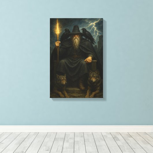 Dark Wizard met wolven en raven op de troon Canvas Afdruk (Insitu (Houten vloer))