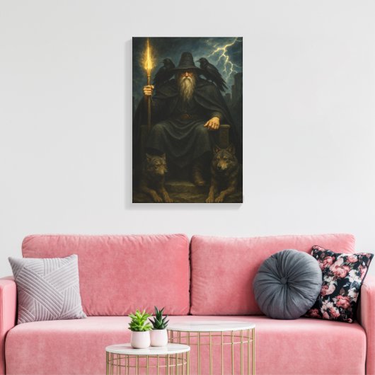 Dark Wizard met wolven en raven op de troon Canvas Afdruk (Insitu (Woonkamer))