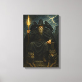 Dark Wizard met wolven en raven op de troon Canvas Afdruk