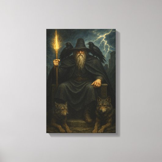 Dark Wizard met wolven en raven op de troon Canvas Afdruk (Voorkant)