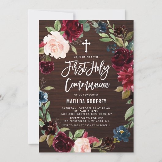 Dark Wood Burgundy Floral Wreath First Community Kaart (Voorkant)