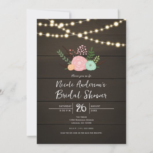 Dark Wood & Rustic Floral BRIDAL SHOWER Invitation Kaart (Voorkant)