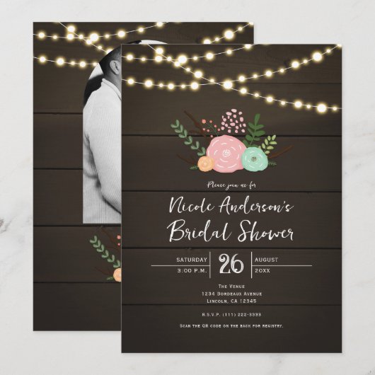 Dark Wood & Rustic Floral BRIDAL SHOWER Invitation Kaart (Voorkant / Achterkant)