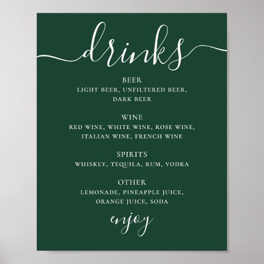 Dark Woodland Green Wedding Drinks Menu | Bar Sign Poster (Voorkant)
