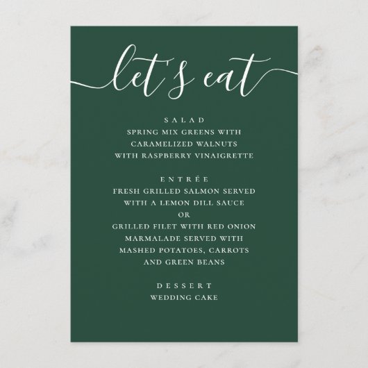 Dark Woodland Green Wedding | Modern Script Dinner Menu (Voorkant)