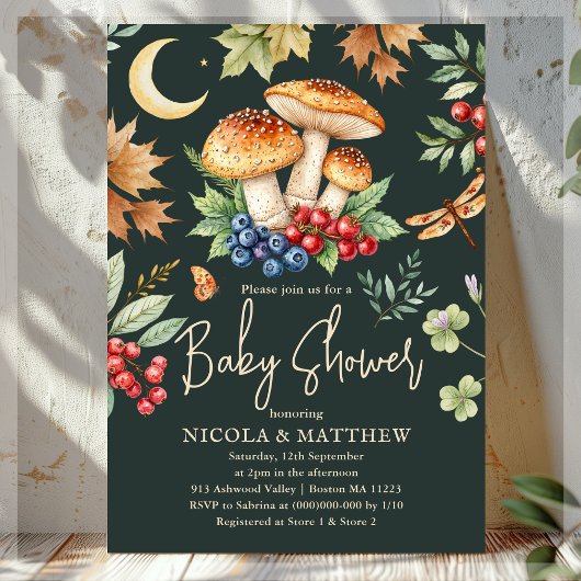 Dark Woodland Herfst Mushroom Baby shower Kaart