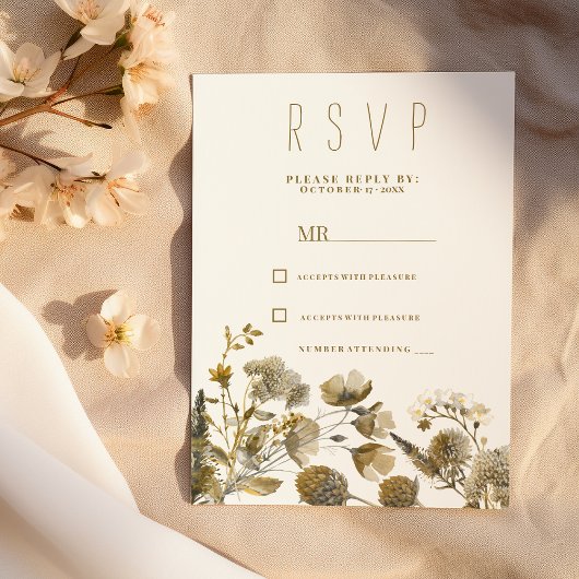Dark yellow ivory white brown floral RSVP Kaart
