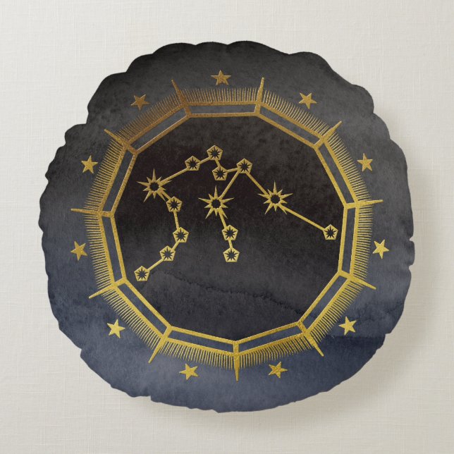 Dark Zodiac Astrology: Aquarius Zwart en Goud Rond Kussen (Voorkant)